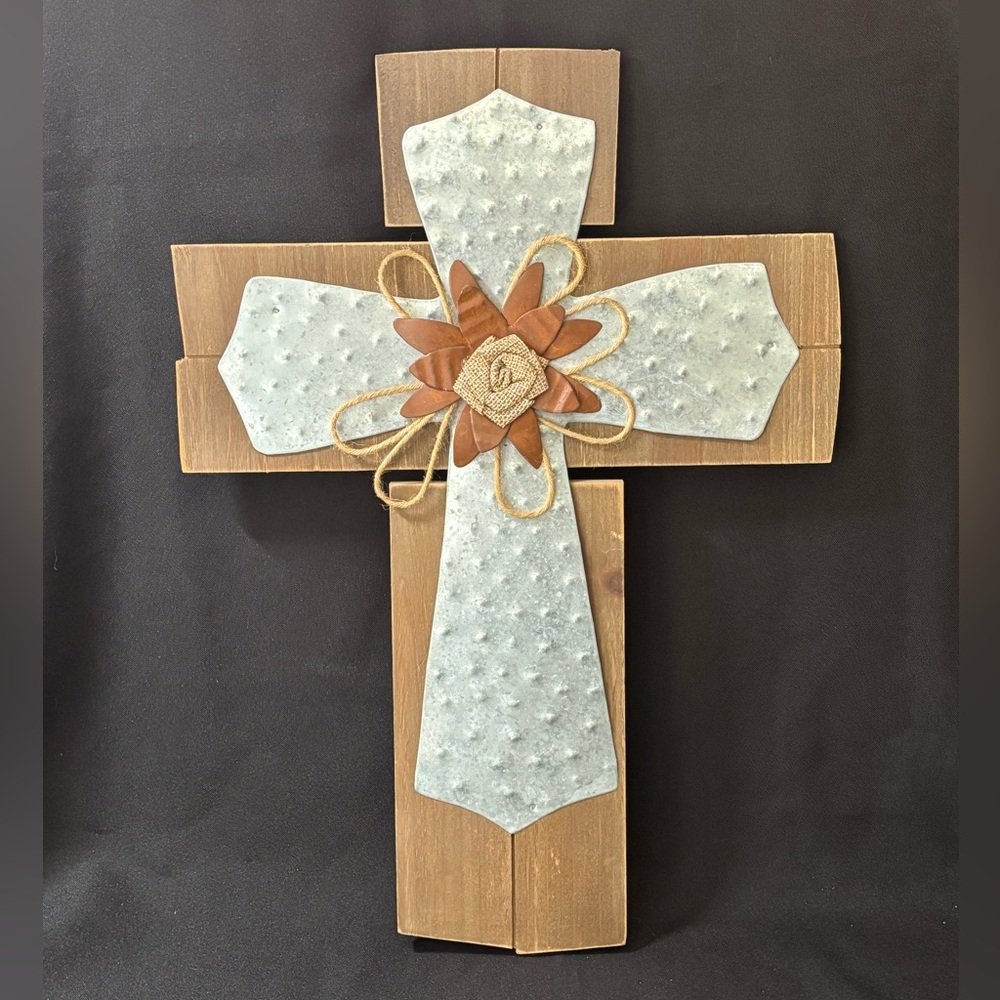 Rustic Wood with Iron Cross Wall Art Christian Farmhouse Sunflower 17x12" Large
